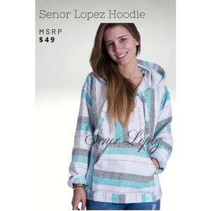 NWT Original Senor Lopez Women Sweater Medium Turquoise Striped Baja Size M